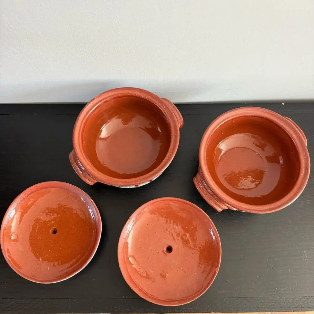 Vintage Bulgarian Redware Clay Pot Lid Traditional Folk Art Pottery Hand Painted